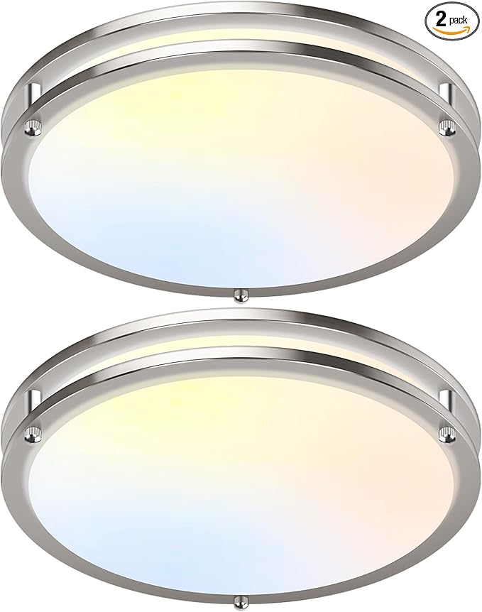 16 Inch 50W LED Ceiling Lights, Dimmable Brushed Nickel Flush Mount Ceiling Light, 2700K/3000K/4000K/5000K/6500K Adjustable, 5400LM Super Bright Ceiling Lamp for Bedroom Kitchen Office, 2-Pack