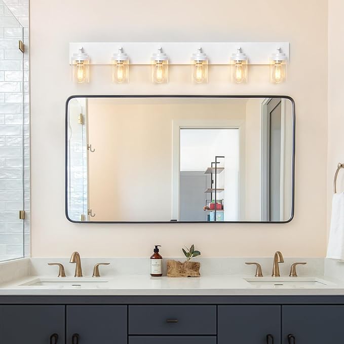 IZORRO Bathroom Vanity Light Fixture, 6-Light 46 Inch White Bathroom Light Fixtures Over Mirror, with Clear Glass Shade, Modern Farmhouse Vanity Lights, Rustic Restroom Lighting Fixtures