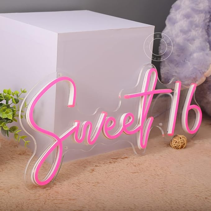 SYLHOME Pink Sweet 16 LED Neon Light Sign 17"X7.3" 5V Sweet Girls Adults Bedroom Happy Birthday Party Wall Decor Beautiful Bestie Sister USB