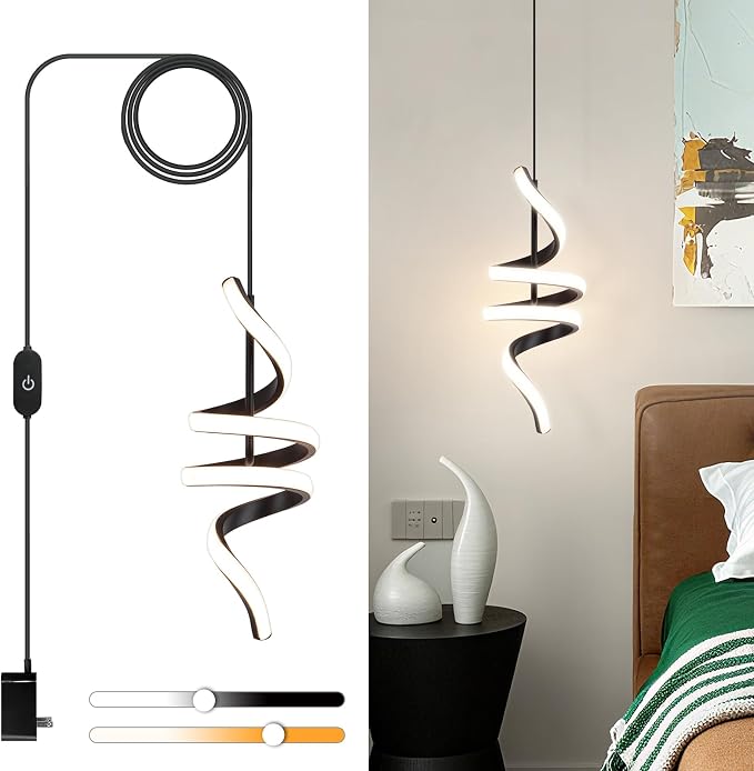 Plug in Pendant Light, 3000~6000K Hanging Lights with Plug in Cord, Touch Switch Modern Pendant Light, Black Hanging Lamps for Living Room, Kitchen, Dining Room, Bedroom,1 Pack
