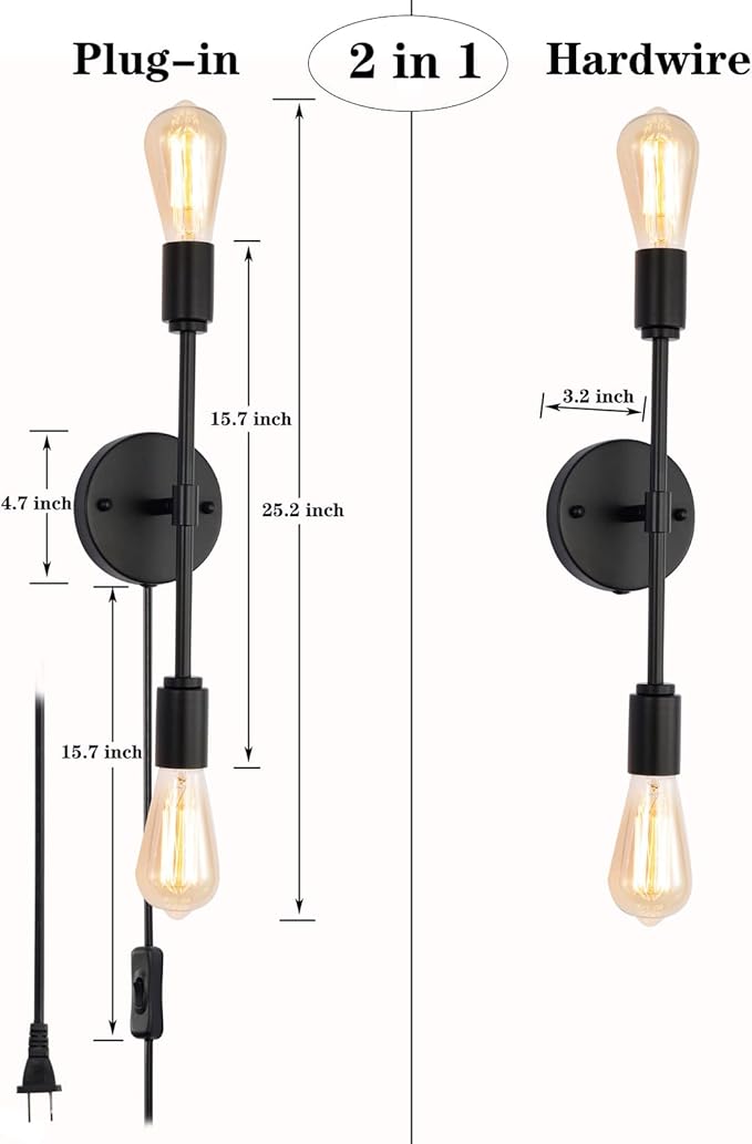 2-Light Black Bathroom Vanity Light Fixtures，Modern Industrial Wall Light Fixtures with On/Off Switch Cord, Plug in Wall Sconce Set of Two for Living Room Bathroom Farmhouse Dining Room