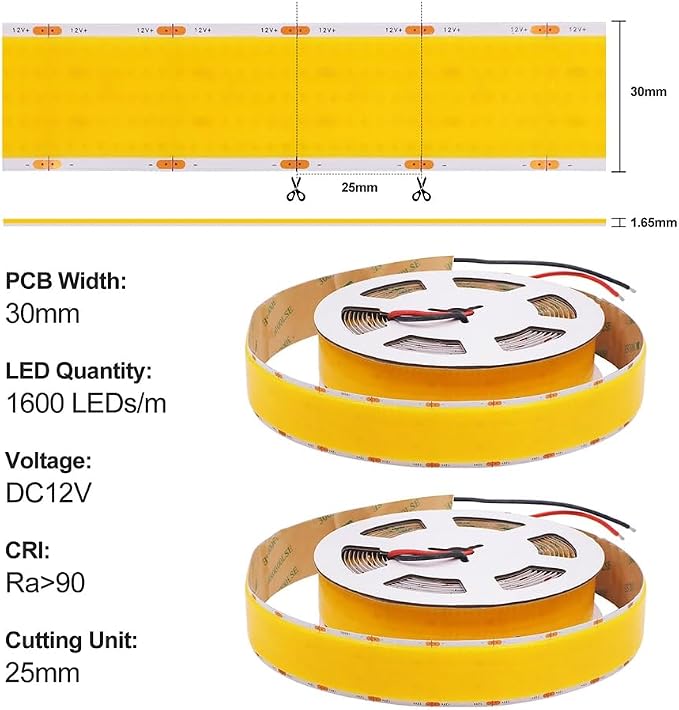COB LED Strips Warm White 3000K 1600LEDs/m 5 Rows Flexible Linear Led Light 30mm Wide PCB DC24V Self Adhesive for Industry Commercial LED Strips