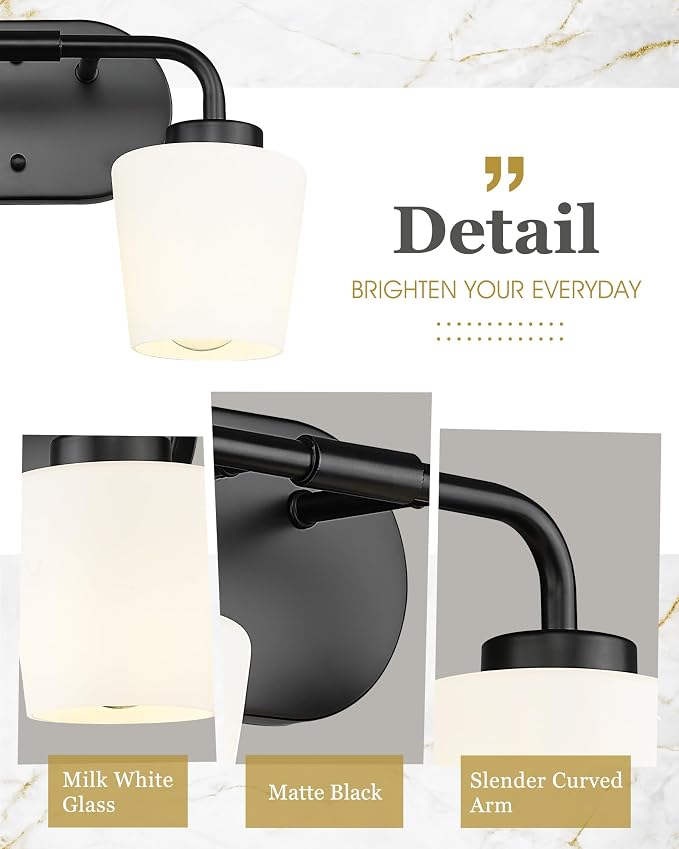 2-Light Black Bathroom Light Fixtures Over Mirror | Vanity Lighting Fixtures with Milk White Glass, Vintage Farmhouse Wall Sconces Lighting, AD-22004-2W-BK