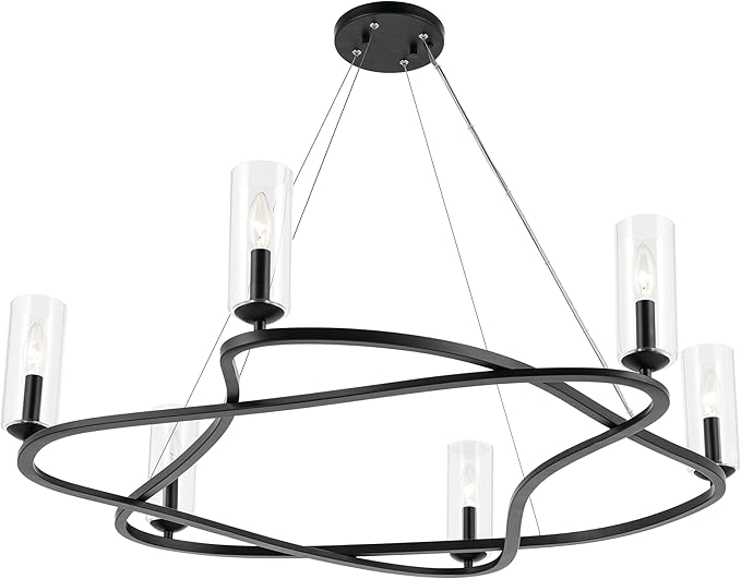 Kichler Harpin 6-Light Chandelier, Sloped Ceiling Compatible, for Dining Room or Living Room with Clear Glass in Black (8.5" x 37.75"), 52771BK
