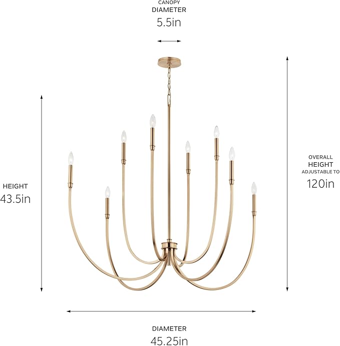 Kichler Malene 8-Light Foyer Chandelier, Updated Traditional Light in Champagne Bronze, Sloped Ceiling Compatible, for Foyer, Dining Room or Living Room (43.5" x 42.25"), 52699CPZ