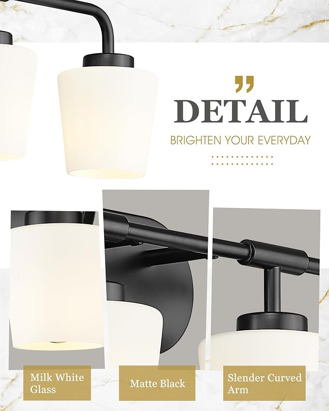 4-Light Black Bathroom Light Fixtures Over Mirror, White Glass | Vanity Lighting Fixtures with Milk White Glass, Vintage Farmhouse Wall Sconces Lighting, AD-22004-4W-BK