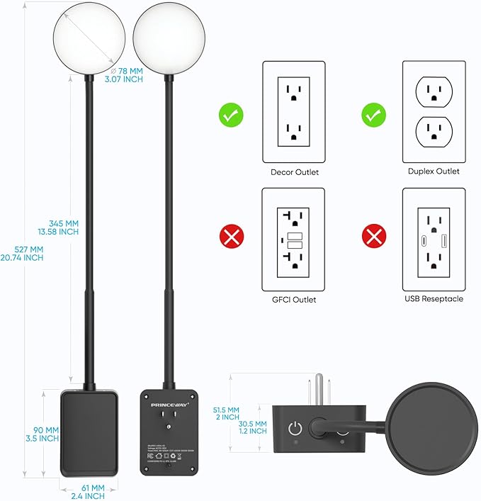 Plug in Dimmable LED Reading Light for Books in Bed, Black Flexible Wall Mounted Lamp for Outlets in Bedroom Kitchen, 3 Lighting Colors, Dual Touch Switch, 110° Wide Light Angle