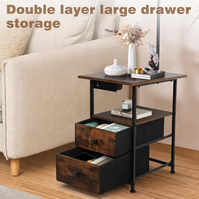PESRAE Floor Lamp with Table & 2 Drawers, End Table with 3 Color Temperature Reading Light, Side Table Lamp with USB & Type C & AC Charging Port for Living Room, Bedroom (Rustic Fusion Brown)