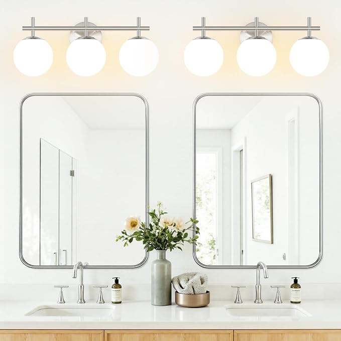 3-Light Bathroom Light Fixtures with Milky White Glass, Brushed Nickel | 19.3 inch Vanity Lights for Bathroom, Bathroom Lighting Fixtures Over Mirror, Wall Sconce, Fits E12 bulbs(Bulb Not Included)