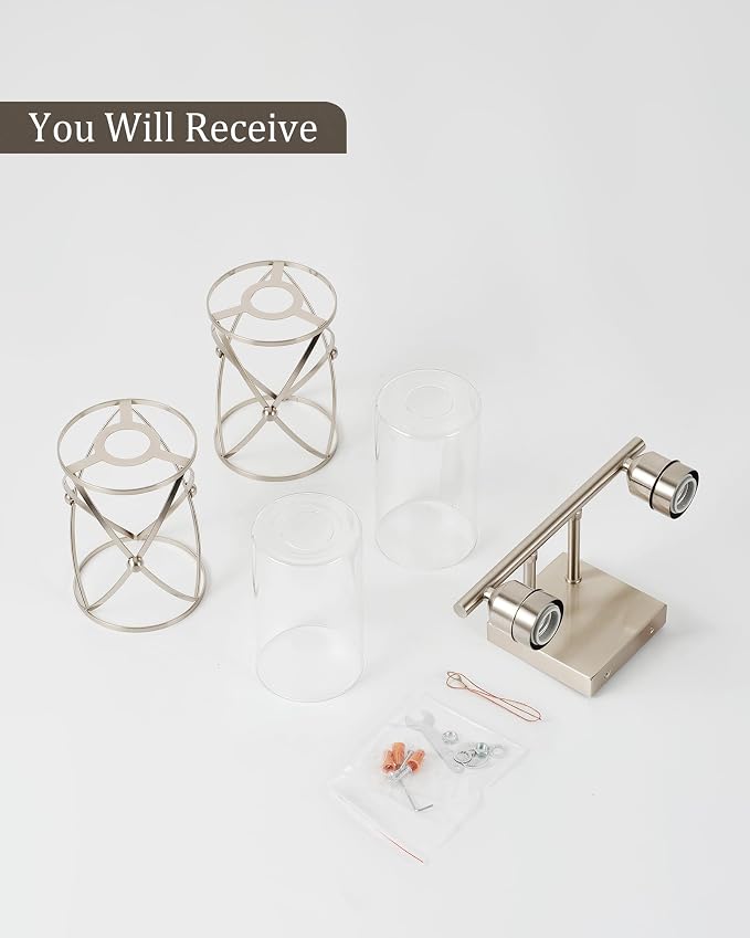 2-Light Brushed Nickel Bathroom Light Fixtures, 13.8 Inch Modern Bathroom Vanity Lighting Fixtures Over Mirror with Clear Glass and Metal Cage Wall Sconce Lights for Bath, E26, CH9176BN-2W