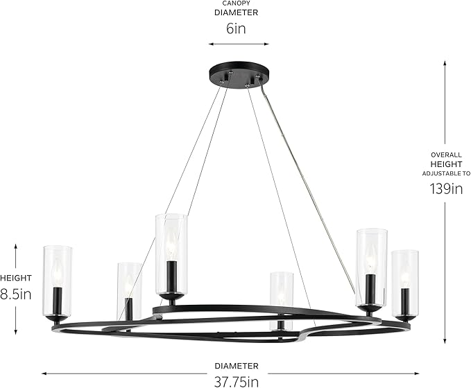 Kichler Harpin 6-Light Chandelier, Sloped Ceiling Compatible, for Dining Room or Living Room with Clear Glass in Black (8.5" x 37.75"), 52771BK