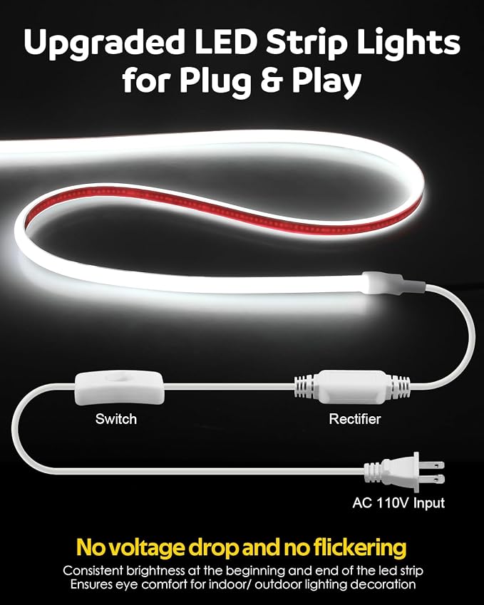 Aclorol COB 50FT LED Strip Lights Outdoor Waterproof 120V Cold White 6000K | High Density 288LEDs/M, Super Bright and Uniform, CRI90+, Plug in Rope Lights for Kitchen Garden Garage Outdoor Lighting