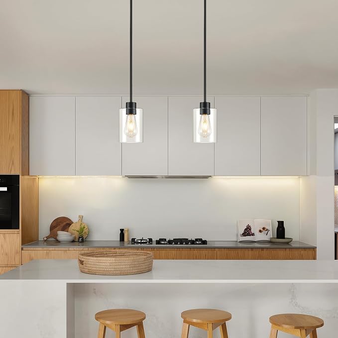 Modern Farmhouse Black Pendant Lights, Mini Hanging Light Fixture with Clear Glass Shade, Adjustable Rods for Kitchen Island, Sink, Bar (1 Pack)