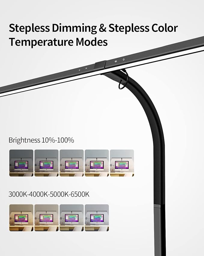 Desk Lamps for Home Office, 24W Extra Bright Office Desk Lighting, 31.5" Wide Modern Black Desk Lights with Auto Dimming Memory Function, Stepless Dimming Task lamp for Workbench Monitor