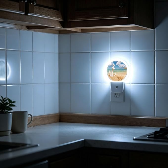 LED Night Light Summer Beach Night Lights Plug into Wall Auto on/off | Sea Wave Anchor Starfish on Sand Plug-in Night Light with Dusk to Dawn Sensor, Energy Saving Nightlight for Hallway Kitchen
