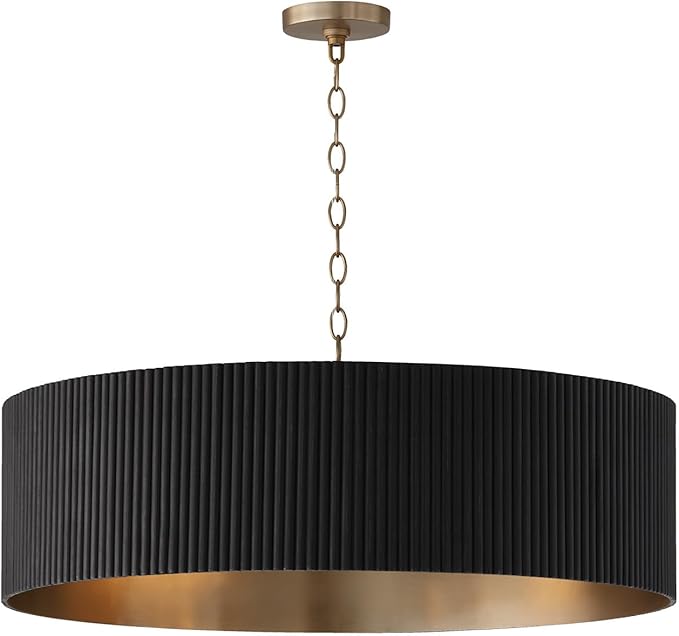 Capital Lighting 450741KR Donovan Mid-Century Modern Artisan Luxe Fluted Mango Wood Drum Chandelier, 4-Light 400 Total Watts, 11" H x 31" W, Black Stain and Matte Brass