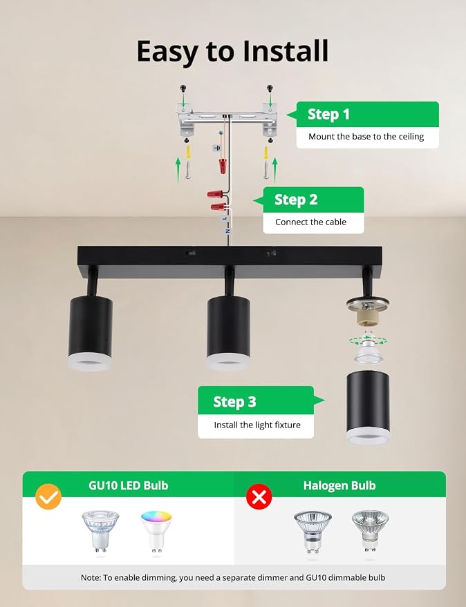 Bojim LED Track Lighting Fixtures Ceiling Mount for Kitchen, 3 Light Modern Black Track Lights with Acrylic Ring, Adjustable Spot Lights for Dinning Living Room Hallway, GU10 Base (Bulb Not Included)