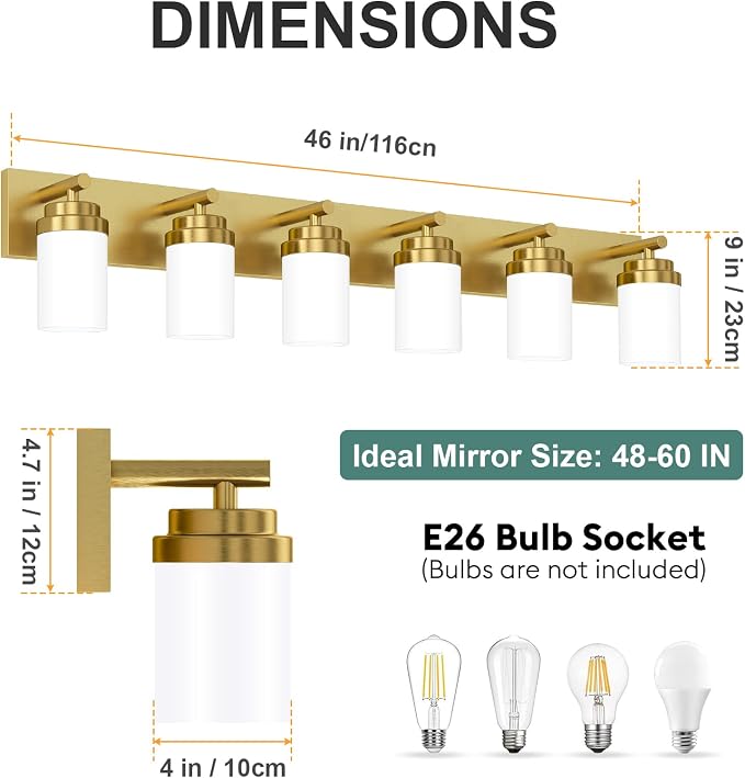 IZORRO Bathroom Vanity Light Fixture, 6-Light 46 Inch Gold Bathroom Light Fixtures Over Mirror, with White Glass Shade, Modern Farmhouse Vanity Lights, Rustic Restroom Lighting Fixtures