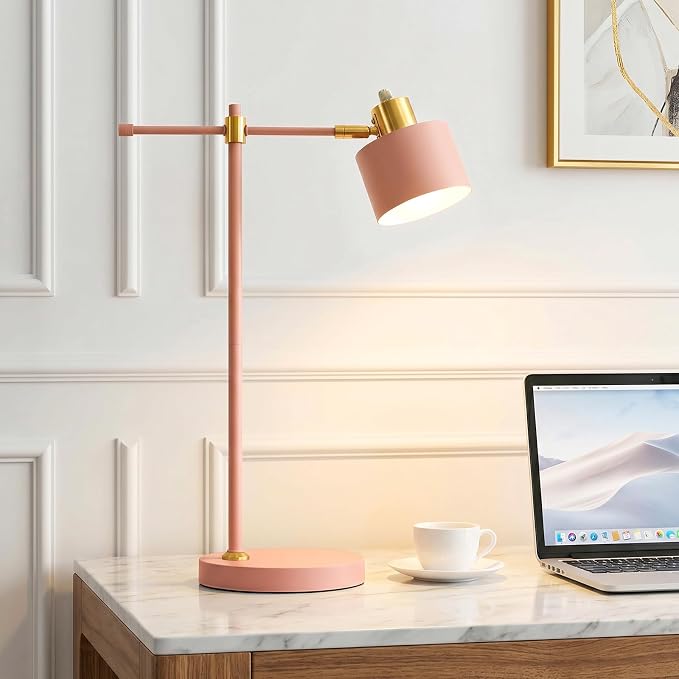 22.2" Modern Desk Lamp, Metal Table Lamp with LED Bulb, Adjustable Reading Lamps for Living Room, Mid Century Task Lamp for Home Office, Industrial Bedside Lamps with Solid Base, Pink