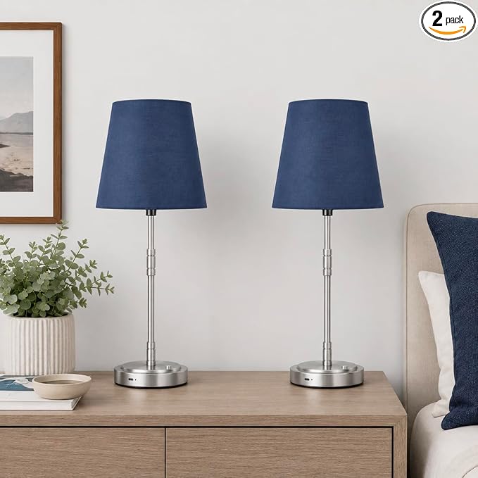 Cordless Table Lamps Set of 2 – Battery Operated Lamp with 7500mAh Rechargeable Battery, Stepless Dimmable Brushed Nickel Lamps with Blue Shade, Wireless Lamps for Dining Room (Bulbs Included)