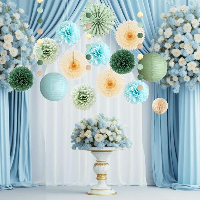 Sage Green and Blue Party Decorations Paper Lanterns Light Blue and Sage Green Baby Shower Decorations Beige Paper Fans Olive Pom Poms for Bridal Shower Wedding Engagement Birthday Bachelorette Party