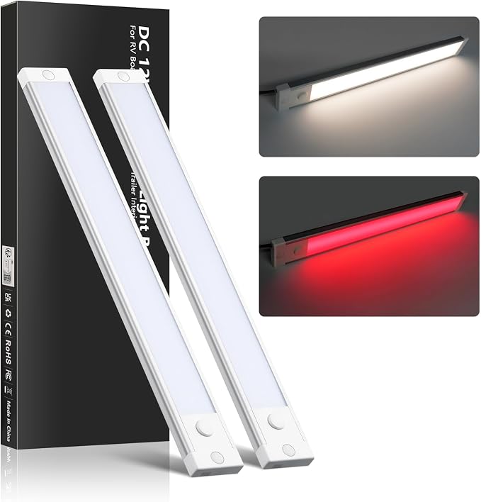 acegoo RV Interior Light Bar, 12V LED Light Strip (Warm White, 12inch-2PCS) | Sleek Design, Integral Dimmer Switch & Red Night Light. For Motorhome Camper Trailer Countertop Under Cabinet Lighting