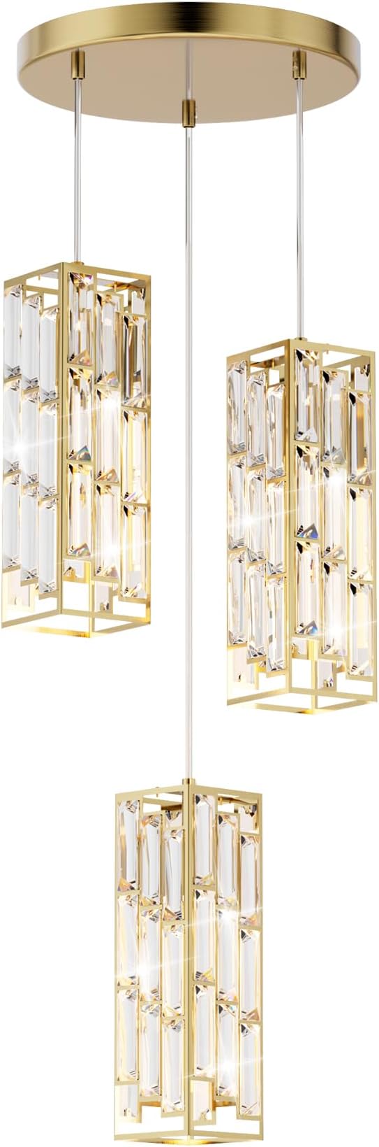 Modern 3-Light Crystal Pendant Light Fixture Kitchen Island, Brass | Mini Crystal Chandeliers, Height Adjustable Cord, Ceiling Hanging Lighting for Kitchen Island Dining Room Bedroom