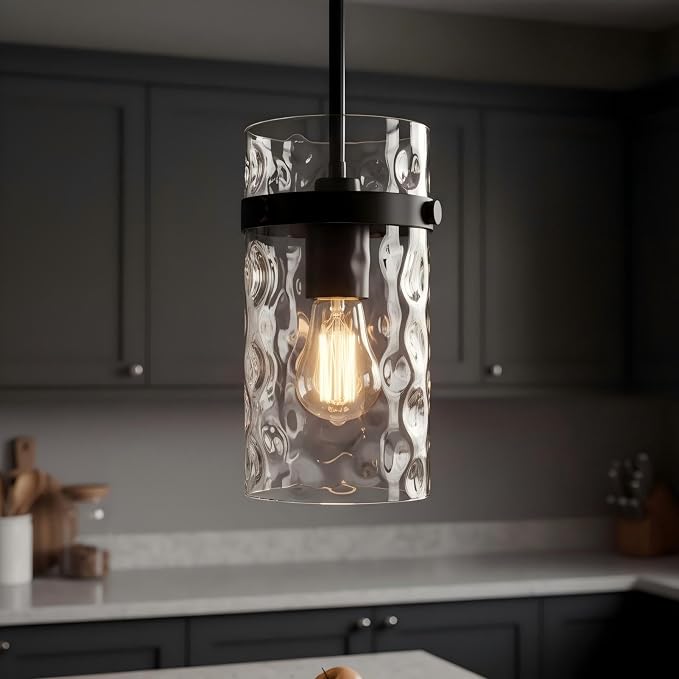 Modern Clear Wavy Glass Pendant Light 1 Pack - Thick Glass Adjustable E26 Hanging Lamp with Elegant Warm Glow for Kitchen Island, Dining Room & Hallway