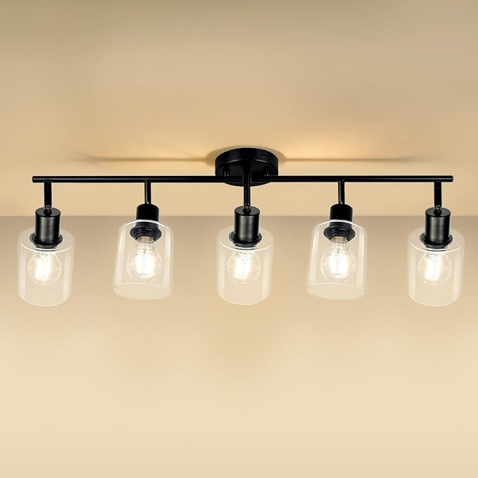 HiBay 5-Light Black Track Lighting Fixture Ceiling Flexible Glass Spotlight | Multi Directional & Foldable, Modern Farmhouse Industrial, for Kitchen, Living Room, Home Office, E26 Base