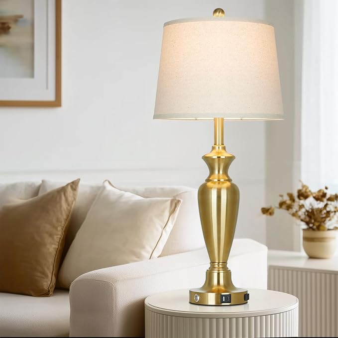 Gold Table Lamp for Living Room Single, 30″ Tall Touch Control Bedside Lamp for Nightstand, 3-Way Dimmable Bedroom Lamp with USB A+C Ports and AC Outlet (1 Pack)