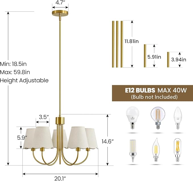 RUIYEY Modern Dining Room Chandelier - 20" 5-Light Gold Chandeliers Light Fixture with Fabric Shades, Height Adjustable Mid-Century Pendant Lighting Over Table for Bedroom Living Room Kitchen Island