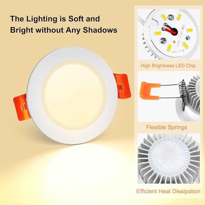 2 Inch LED Recessed Lighting, Dimmable LED Downlight 3W (35W Halogen Equivalent), CRI80+, 3000K Warm White Canless Ceiling Light with LED Driver (4 Pack)