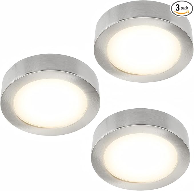 LUMILAND Wired LED Puck Lights (2.7Wx3) Plug-in Lighting Natural White (4000K), LED Cabinet Light for Kitchen Can Be Surface Mount or Recess Mount, Satin Nickle