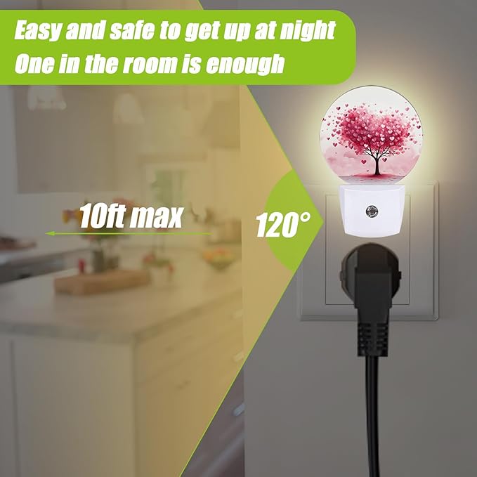 Tree Night Light,Pink Heart Night Lights Plug into Wall for Kitchens Toilets Bedroom Decorative Half Round Nightlight Led Lamp 0.5W Sleep Friendly