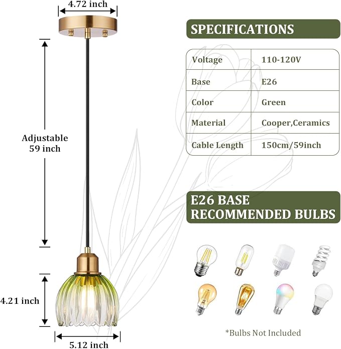 TALOYA Green Glass Pendant Light,Vintage Hanging Light with Tulip Lampshade | Adjustable Farmhouse Mini Pendant Lighting Fixture for Kitchen Island, Dining Room, Bedroom, Hallway & Bar Decor