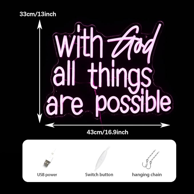 With God All Things Are Possible Neon Sign Beautiful Pink God Led Lights for Wall Decor Dimmable USB Powered Light up Sign 16.9 * 13 Inch Neon Light for Room Party Wedding Church Decor