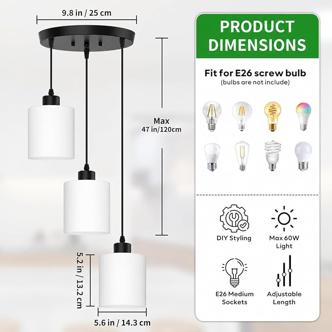 3 Light Pendant Lighting, Farmhouse Hanging Light Fixture for Kitchen Island & Dining Room, Industrial Vintage Ceiling Lamp with E26 Base, Adjustable Height, with White Glass 4.7" Shades
