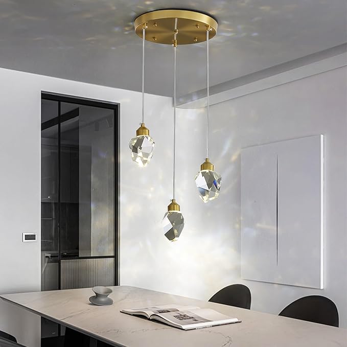 Modern Crystal Pendant Light, 3-Color LED Crystal Pendant Lamp, Adjustable Height Gold Ceiling Hanging Lamp, for Kitchen Island Dining Room Living Room Decor Lighting (3-Head Round Base)