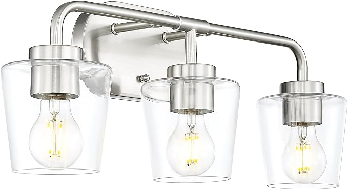 3-Light Bathroom Light Fixtures Over Mirror, Brushed Nickel | Vanity Lights for Bathroom with Clear Glass, Modern Vanity Lighting Fixtures, AD-22004-3W-SN-C