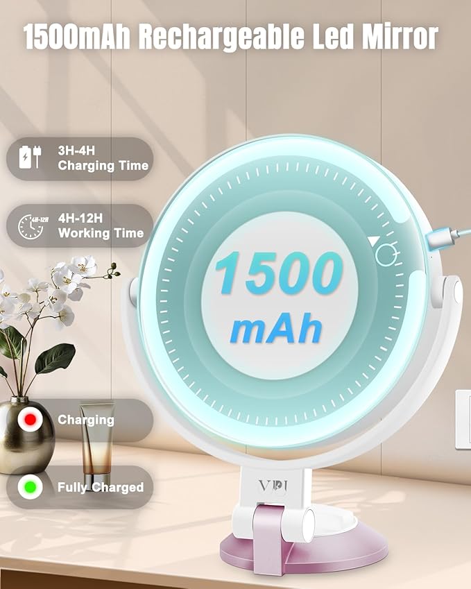 30X/1X Wall Mounted Magnifying Makeup Mirror with Power Suction Cup, Rechargeable Double Sided Regular HD/Magnification 3 Color Modes Adjustable Brightness Mirror with Lights for Bathroom, Travel