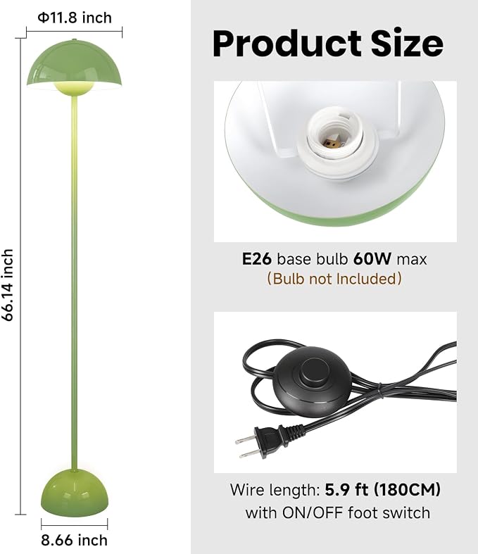 Coucrek Floor Lamp, 66'' Industrial Standing Lamp for Living Room | Tall Lamp with Unique Reflecting Shade, Mid Century Modern Ambient Lighting for Bedroom Corner, Pastel Green