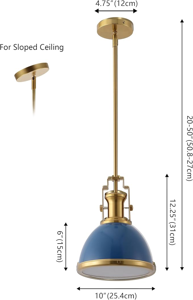 JONATHAN Y Homer Industrial Dome Pendant 10", Navy/Brass Gold | 1-Light, Farmhouse Style, Adjustable Hanging Height, Glass Diffuser, Sloped Ceiling Compatible, Metal, LED Bulb Included