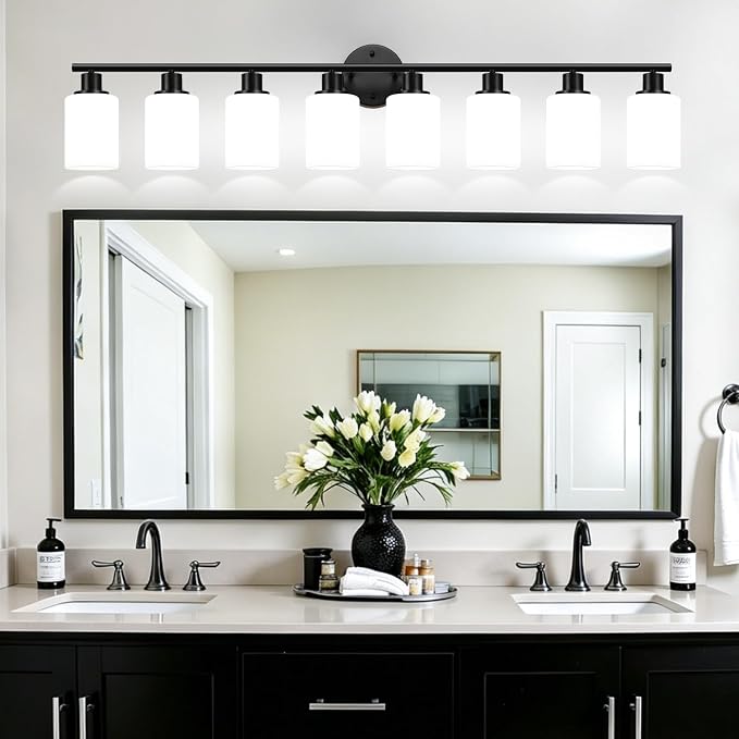 Zarbitta 8-Light Bathroom Light Fixtures, Black Modern Vanity Lights with Milky White Frosted Glass Shades, Bathroom Wall Lamp for Mirror, Living Room, Hallway, Kitchen, Cabinet, Porch