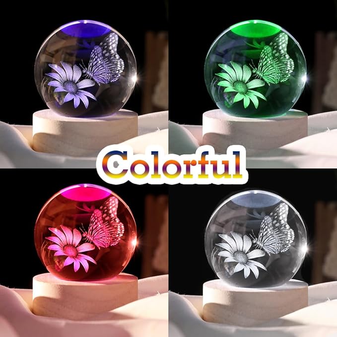 Butterfly Gifts for Women Her 3D Crystal Ball Butterfly in Glass Ball 60mm Night Light Gifts for Girl Adults with Multicolor Lighting Base