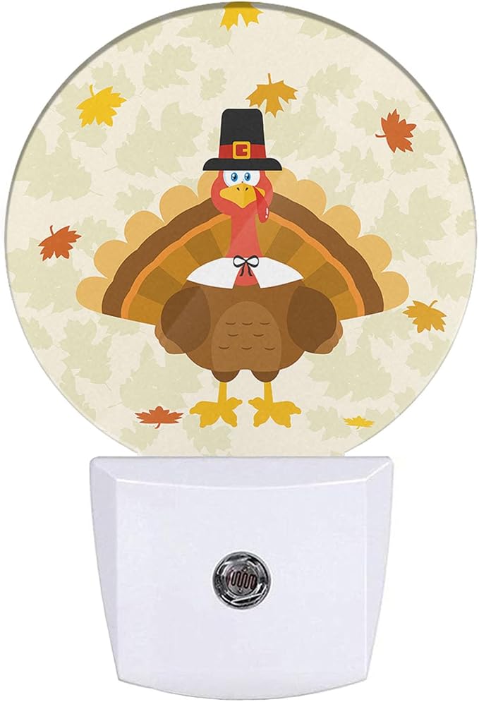 Cute Holiday Turkey Plug-in Nightlight Happy Thanksgiving Autumn Maple Leaves Orange Night Light LED Dusk-to-Dawn Sensor for Boys Girls Gifts Bedroom Playroom