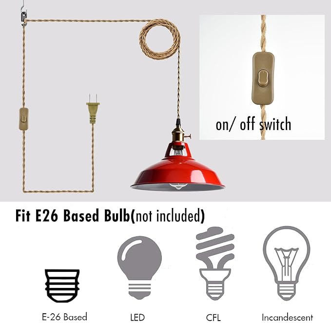 YUBOLE Plug-in Pendant Light Vintage Red Barn Shade-10.06" W with Switch | Flexible Hanging Light, Adjutable 216.5"L Cord with On-Off Switch Swag Lamp for Kitchen Bar Dining Foyer Cafe Bedroom