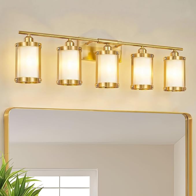 5-Light Brushed Gold Bathroom Light Fixtures Over Mirror with Frosted Milk Glass and Metal Cage Shade, 38" UL-Listed Modern Farmhouse Wall Sconce for Bath, Hardwire E26, OS-3014BGW-5W