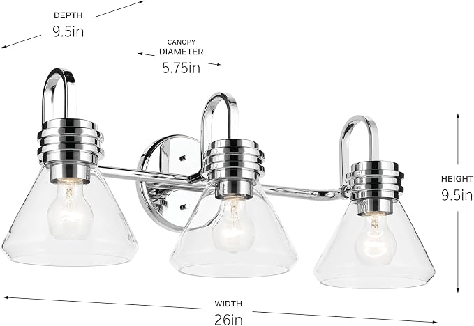 Kichler Farum 3-Light Bathroom Vanity Light, Chrome | Modern vanity light with clear glass for single or double bathroom mirrors (26" x 9.5"), 55155CHCLR