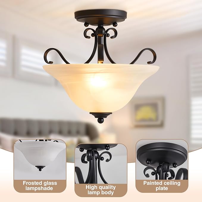 Luvkczc 12" Retro Semi Flush Mount Ceiling Light,Black Ceiling Light Fixture, Mid Century Ceiling Light Modern Glass Close to Ceiling Light for Bedroom Kitchen Porch Hallway,Bulbs Not Included