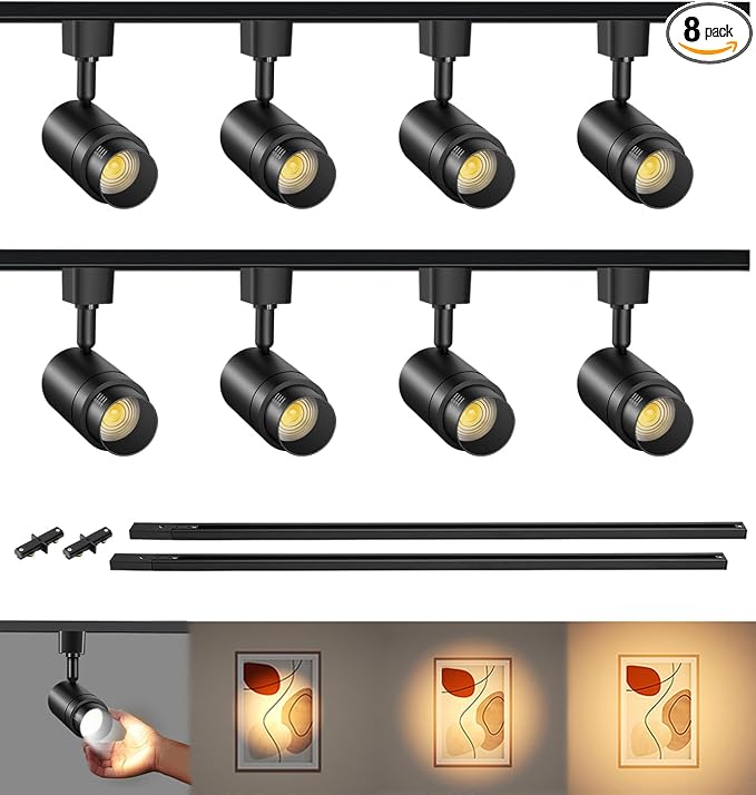 Zoomable 8 Lights LED Track Lighting Kit with 6.6FT H Type Track Lighting Rails, Dimmable Black Track Lighting Fixtures Ceiling Modern Kitchen Spot Track Light Heads 3000K CRI90+ 12W 1000lm